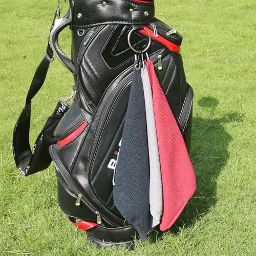 Livious 3 Pack Golf Towels,16" x 16" Portable Microfiber Fabric Waffle Pattern Golf Towel for Golf Bag with Carabiner Clip - color: Black/Gray/Red