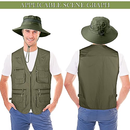 Janmercy 2 Pieces Men's Work Fishing Vest with Hat Lightweight Safari Travel Hunting Waistcoat With Multi Pockets Fishing Hat - color: Army Green, size: XX-Large