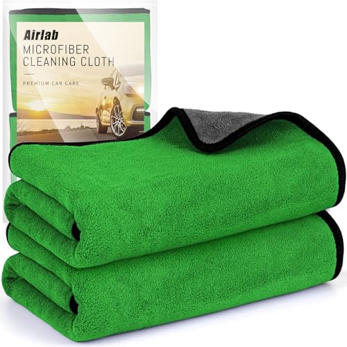 Airlab Microfiber Towels for Cars Wash Drying Thick Plush Cleaning Cloth Auto Detailing Super Absorbent for Interior & Exterior Lint Free, Streak Free, 35 x 24 Inch, 500 GSM, Pack of 2, Grey-Green - color: Green & Grey