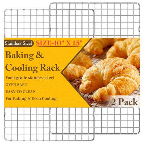 2PCS Cooling Racks for Cooking and Baking - 10" x 15"Heavy Duty Stainless Steel Wire Rack for Baking, Grilling, Roasting - Oven & Dishwasher Safe - Fits Jelly Roll Sheet Pan-Silver