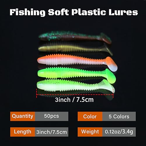 Paddle Tail Swimbaits, 50 PCS Ribbed 3 Inchs Soft Plastic Fishing Lures for Bass Trout Crappie Walleye Saltwater/Freshwater Fishing - color: Light Green