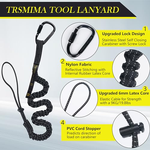 TRSMIMA Safety Tether Tool Lanyard - 12 Pack Safety Tool Leash Shock Absorbing Strap Lock Carabiner Roofing Work for Window Cleaners Roofers - size: 12-pack