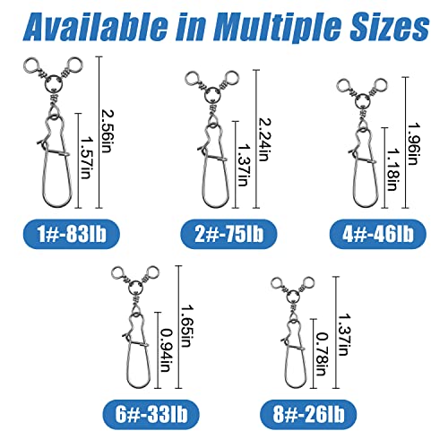 AGOOL Fishing 3 Way Swivel Snaps - 30pcs T-Turn Fishing Swivels Triple Swivels Cross Line Duo Lock Snap Swivels Fishing Lure Connectors Fishing Tackle for Trolling Catfish Rig Saltwater Freshwater - size: 4# (46lb) - 30pcs