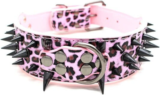 Serijoars Spiked Studded Dog Collar, PU Leather Dog Collar, Adjustable Pet Collars for Medium or Large Breed Pet (M, Leopard3)