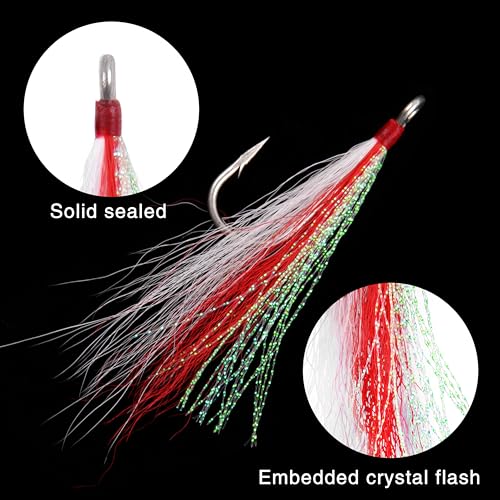 Bucktail Teasers Fishing Hooks Saltwater Flounder Rig Bucktail Mylar Teasers Inserted Stainless Steel Fishing Teaser Hooks for Striped Bass Trout Catfish Cod Flounder Hi/Lo Rig Jigs Spoons Lures - color: Red, size: 12pcs