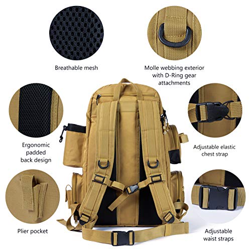 BASSDASH Fishing Tackle Backpack Water Resistant Tactical Bag Soft Tackle Box with Rod Holder and Protective Rain Cover - color: British Khaki Backpack [3600] Without Trays