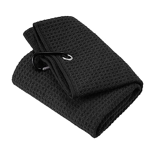 PATIKIL 20"x16" Tri-Fold Golf Towels, Waffle Pattern Towels Soft Fiber Strong Water Absorption with D Clip for Golf Lovers, Black - color: Black, size: 20"x16"