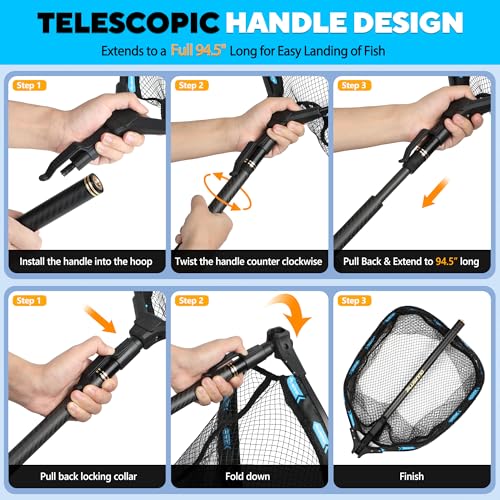 PLUSINNO Floating Fishing Net with Telescoping Handle, Carbon Fiber Ultralight Long Fish Net, Collapsible Landing Net 6.56/7.86Ft, Fishing Gear Kayak Accessories for Bass Trout Salmon - style: 7.86 Ft / 2.4m Full Length
