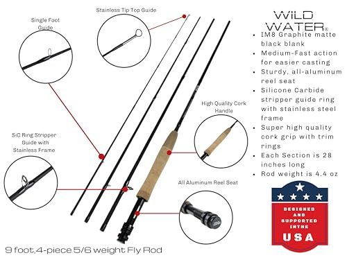 Wild Water Standard Fly Fishing Combo Starter Kit, 5 or 6 Weight 9 Foot Fly Rod, 4-Piece Graphite Rod with Cork Handle, Accessories, Die Cast Aluminum Reel, Carrying Case, Fly Box Case & Fishing Flies