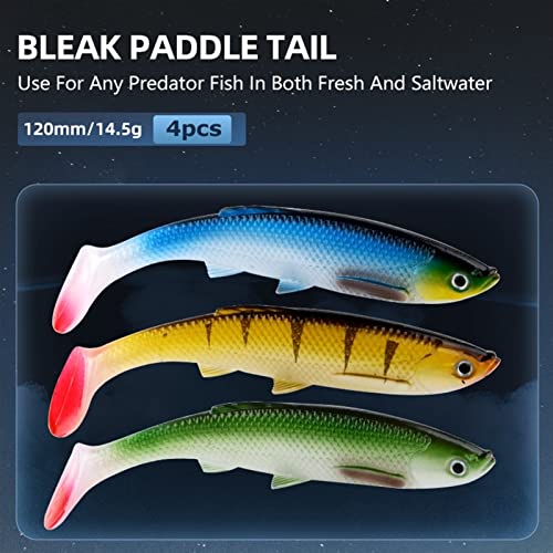 ZHENGYI 4pcs Paddle Tail 14.5g 120mm Fishing Soft Lures 3D Eyes T Tail Artificial Bait Plastic Pike Fishing Lures - color: C