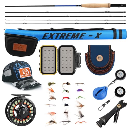 Maxcatch Extreme-X Fly Fishing Rod and Reel Combo, 3-8wt Complete Starter Fishing Outfit with Fly Box, Flies, Rod Clip Holder, Rod Case, Extra Tip Section - size: 6wt-9' 4pc Rod, 5/6wt Reel