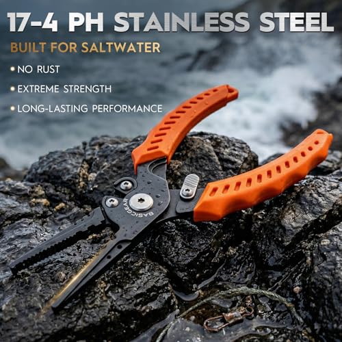BasicGear Fishing Pliers, 17-4 PH Stainless Steel Saltwater Pliers, Braid Cutter, Split Ring Tool, Corrosion Resistant, One-Hand Operation - size: 7.5" Standard - Orange