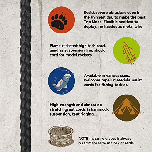 emma kites 100% Black Kevlar Braided Cord (0.4~4.6mm Dia, 50lb~1700lb) High Strength, Abrasion Flame Resistant, Tough Survival Tactical Cord Model Rocket Paracord Snare Line Fishing Assist Cord - size: 50Lbs | 100Ft