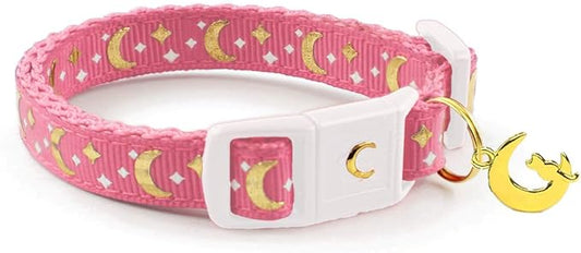 WAAAG Cat Collars, Gold Moons and Stars Cat Collar, Safety Breakaway Cat Collar, Glow in The Dark (Standard 9"-15" Neck, Coral Pink)