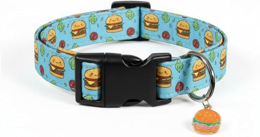 Cute Dog Collar, Blue Dog Collar with Burger Pattern and Cute Charm, Puppy Collar with Quick Release Buckle and Durable Fabric, Suitable for Medium and Large Dogs