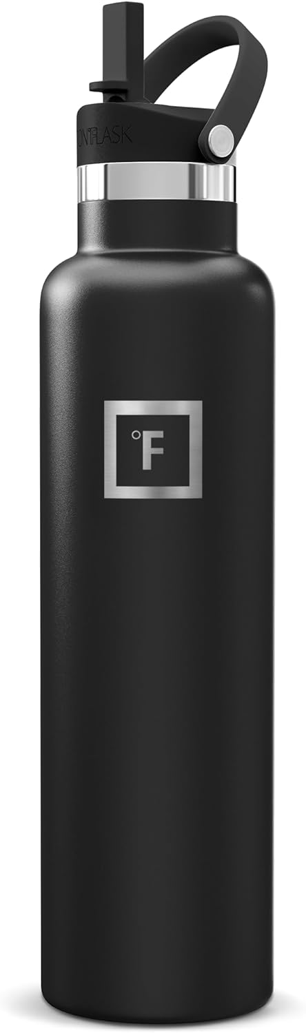 IRON °FLASK Camping & Hiking Hydration Flask with Straw, BPA-Free Insulated Stainless Steel Sports Water Bottle - 24 oz Midnight Black