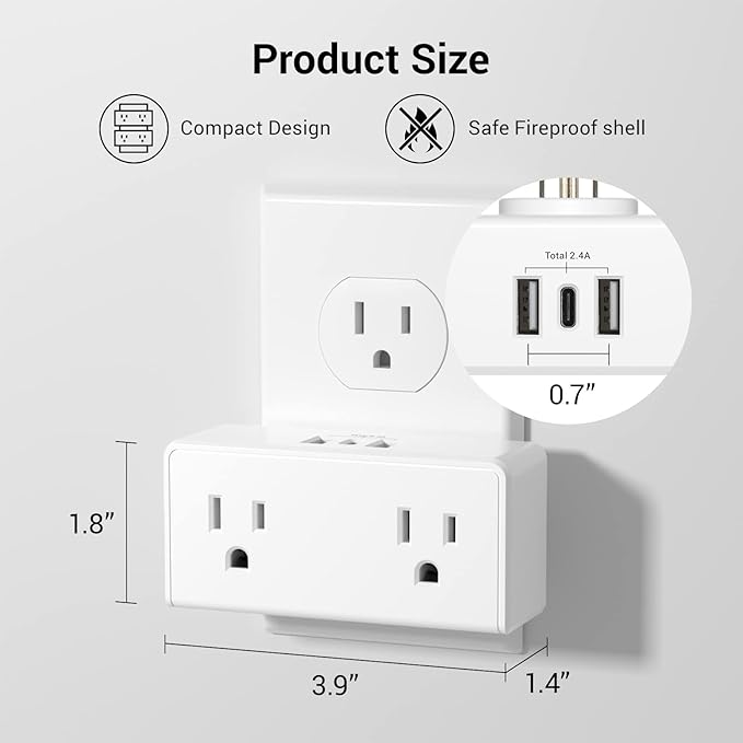 Clear Power 2Pack (Wall-Tap & Power Strip) with 6ft Power Cord, Compact Charging Hub with 2-Port USB-A & 1-Port USB-C Chargers, 3-Prong, for Home, Office, Hotel, DC3S-1122-DC