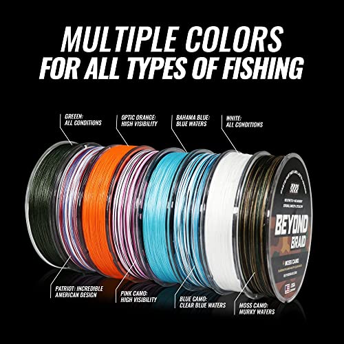 Beyond Braid Braided Fishing Line -Super Strong - Abrasion Resistant - No Stretch -Blue Camo, Moss Camo, White, Green, Pink, Blue, 4 Strand 8 Strand - color: Green 8X - No Fade, size: 50LB (300 Yards)