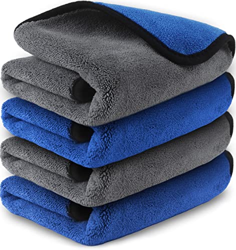 Airlab Microfiber Towels for Cars Wash Drying Thick Plush Cleaning Cloth Auto Detailing Super Absorbent for Interior & Exterior Lint Free, Streak Free, 16" X 16", 800 GSM, Pack of 4 - color: Blue & Grey