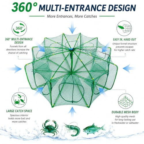 Fishing Bait Trap, 10-Hole 10-Sided Foldable Fishing Net Trap, Portable Nylon Mesh Collapsible Fish Trap with Storage Bag for Minnow Crab Shrimp Crawfish, Freshwater Saltwater