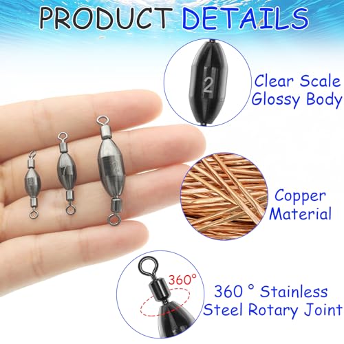 15Pcs Fishing Weights Swivel Bullet Sinkers Brass Fishing Weights | Saltwater Freshwater Bass Sinker Fishing Weights with Swivel Rolling - size: 1/8oz