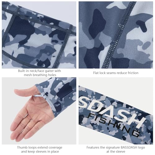 BASSDASH Men’s UPF 50+ Hooded Breathable Camo Shirts with Face Mask Lightweight Neck Gaiter Fishing Hiking Hoodie Shirt FS51M - color: Blue Camo, size: XX-Large