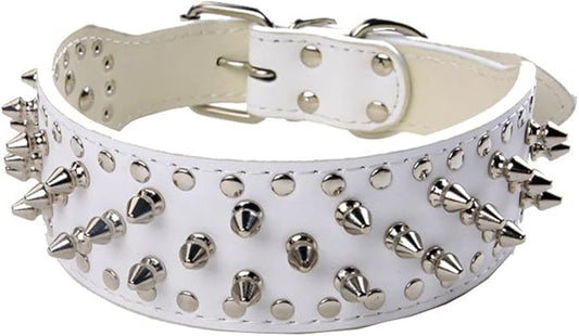 Serijoars Spiked Studded Dog Collar, PU Leather Dog Collar, Adjustable Pet Collars for Medium or Large Breed Pet (L, White)