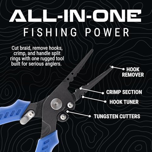 Reaction Tackle Fishing Pliers, Stainless Steel Saltwater Pliers with Braid Cutter, Hook Remover and Crimper, PTFE Coated Coated with Sheath and Lanyard - size: 7" Split Ring