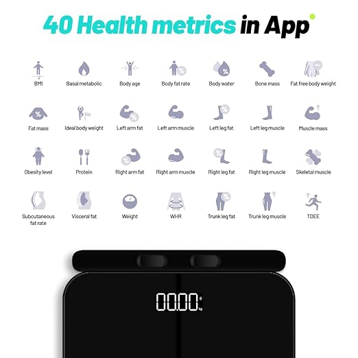 ExerScale Smart Scale for Body Weight with BMI, Body Fat, Muscle Mass, Professional Digital Bathroom Scale with 8 Electrodes Weight Bluetooth High Accuracy Percentage Fitness Health Analyzer - Black