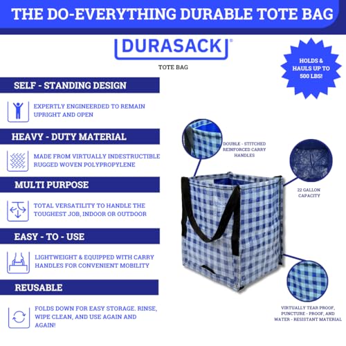 DURASACK Heavy Duty Storage Tote Bag 22-Gallon, Gingham Blue | Rugged Woven Polypropylene Moving Bag, Reusable Self-Standing Design, Holds up to 500 Pounds - color: Gingham Blue, size: Single