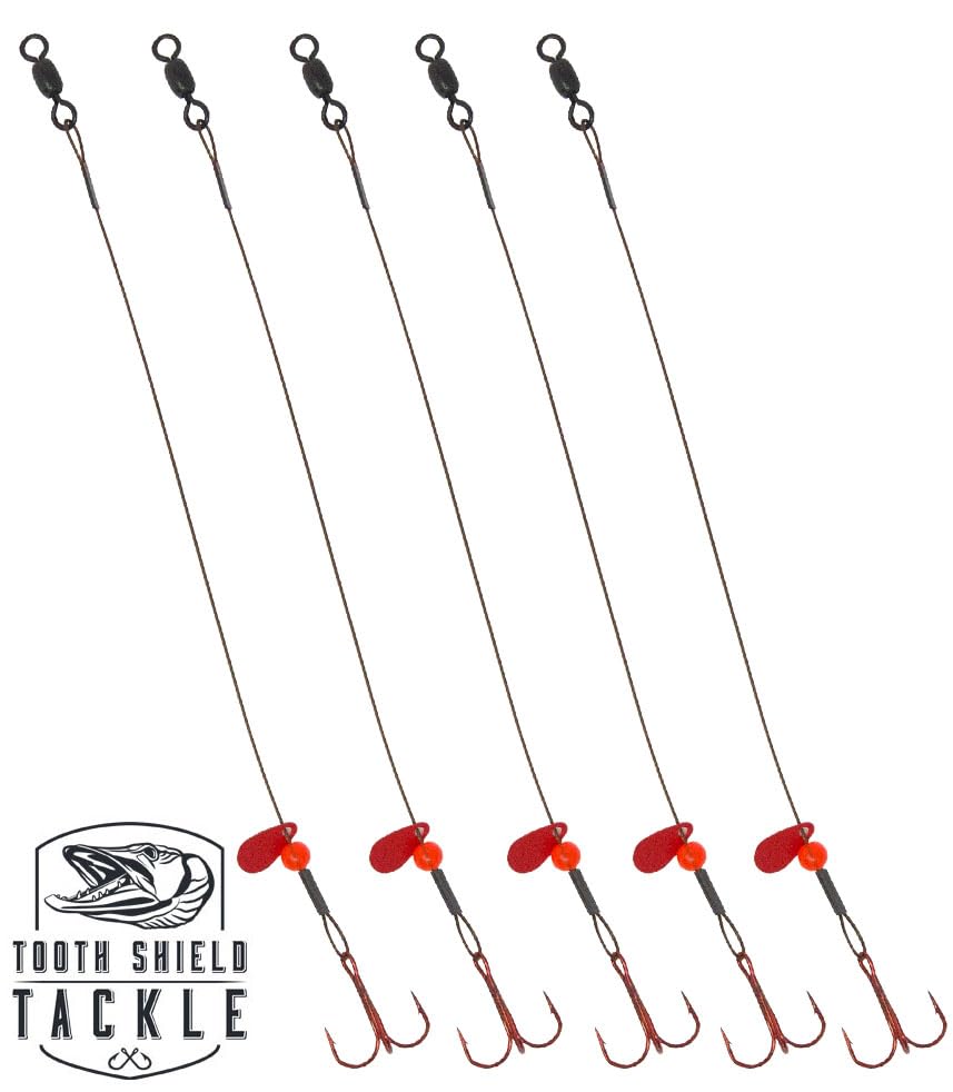 Tooth Shield Tackle Ice Fishing Tip Up Leader Rig (90 lb) Ice Fishing Sucker Walleye Pike Musky Predator Rig (5 Pack) (Camo/Red Bead/Flipper) Made in the USA - size: Hook Size: 4