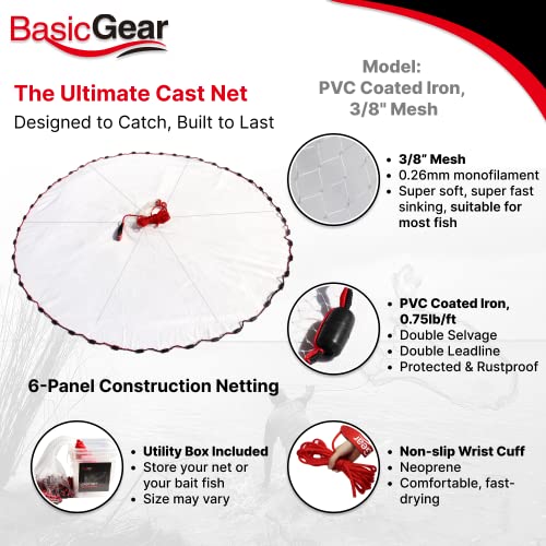 BasicGear Cast Net | 3ft-12ft Radius, 3/8 or 1/4 inch Mesh for Freshwater and Saltwater Bait Fish| Professional Grade and Upgraded Material | Throw Style - size: 6ft Radius, style: Protected Weights, 1/4" Mesh