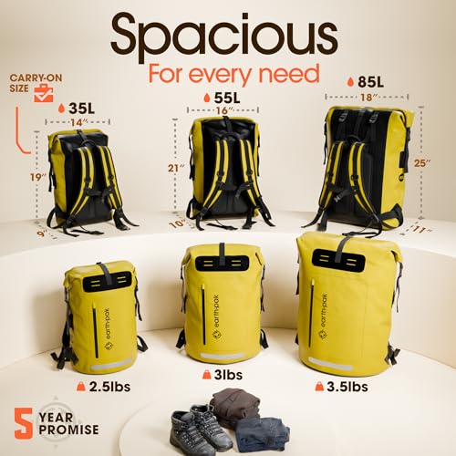Earth Pak Waterproof Backpack - Heavy Duty Hiking Backpack - Roll-Top Closure Bag - Cushioned Dry Bag Waterproof Phone Case - color: Yellow, size: 55L