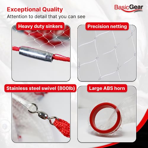 BasicGear Cast Net | 3ft-12ft Radius, 3/8 or 1/4 inch Mesh for Freshwater and Saltwater Bait Fish| Professional Grade and Upgraded Material | Throw Style - size: 8ft Radius, style: Zinc Iron, 3/8" Mesh