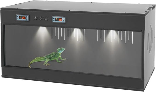 Reptile Pet Breeding Box, 31.5x15.75x15.75in PVC Reptile Terrarium Tanks, R-eptile Lounge Habitat with Intelligent Thermostat (Below 104℉) & Glass Sliding Door, LCD, External Switches, Black