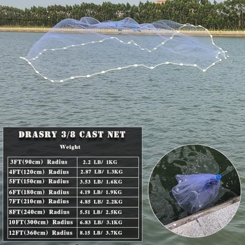 Drasry Saltwater Fishing Cast Net 3/8 and 1/4 Mesh with Heavy Duty Gray Sinker American Monofilament Fish Throw Net for Bait Trap 3FT 4FT 5FT 6FT 7FT 8FT 9FT Radius - size: 3FT Radius, style: 3/8 Mesh 0.6 Lb/Ft