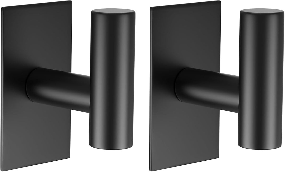 VAEHOLD Wall Towel Hooks, Heavy Duty Sticky Holder Waterproof Towel Hooks for Hanging Coat, Clothes, Closet Hook Wall Mount for Kitchen (Black, 2 Pack)