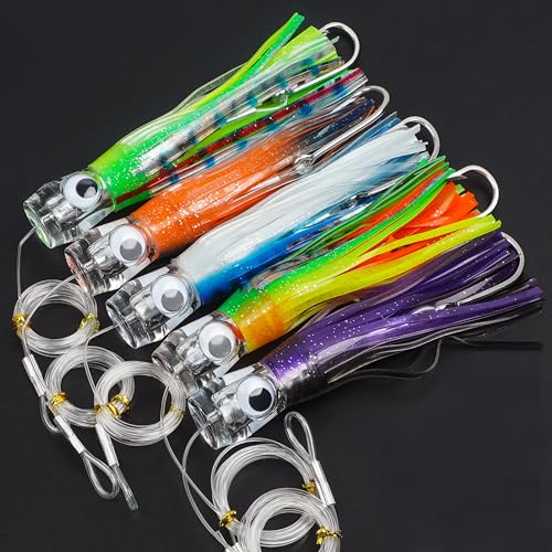 Saltwater Fishing Lures 6/9inch Trolling Lures for Marlin Mahi Tuna Dolphin Shark Big Game Deep Sea Fishing Baits Squid Skirts Rigged Hooks Ocean Gear Tackle - color: Green-1pcs, size: 6inch