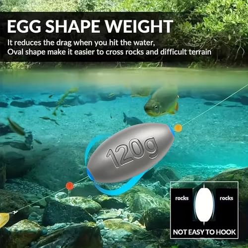 Egg Sinkers Fishing Weights – Lead Oval Sliding Sinkers for Catfish, Bass & Surf Fishing, No-Snag Smooth Hole Design, Heavy Fishing Weights for Bottom Rigs in Lakes, Rivers & Beach - style: 60g-8pcs