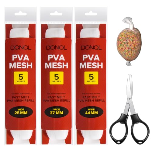 DONQL 5M PVA Mesh Carp Fishing with Scissors, 3 Pcs PVA Bags Carp Fishing, 45" Fast Water Soluble Mesh Bags Refill Bait - size: 25/37/44MM