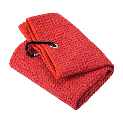 PATIKIL 20"x16" Tri-Fold Golf Towels, Waffle Pattern Towels Soft Fiber Strong Water Absorption with D Clip for Golf Lovers, Red - color: Red, size: 20"x16"