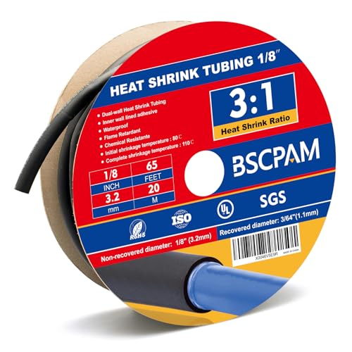 1/8" Heat Shrink Tubing, 65FT Marine Grade 3:1 Shrink Ratio Shrink tubing, Adhesive Lined Heat Shrink Tube, 1/8 Waterproof Shrink Tube for Wires Home Automotive-Black - size: 1/8" -65 Feet