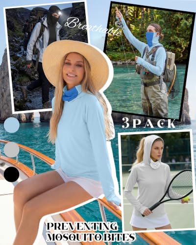 Xaatren 3 Pack Women's UPF 50+ Sun Hoodies with Face Mask Thumb Holes Quick Dry Fishing Shirts UV Protection Hiking Shirt - color: Black, Gray, Blue, size: X-Large