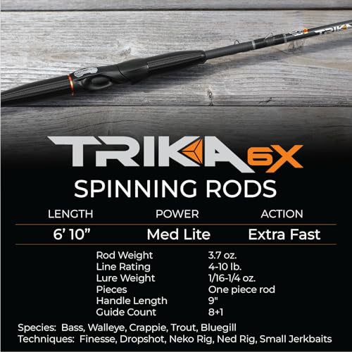 TRIKA 6X Spinning/Casting Carbon Rod Carbon Weave Rod for Extra Sensitive Vibration | Longer Casting | Lightweight Freshwater Fishing Pole - style: Spinning 6'10" Medium Lite/Xtra Fast 1pc.