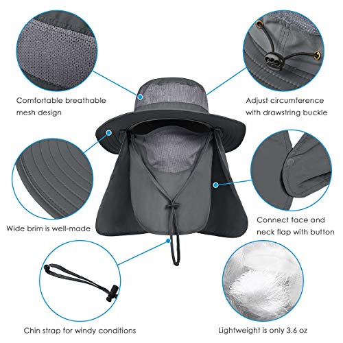 IYEBRAO Mens Outdoor Sun Hat with Face Neck Flap UV Protection Wide Brim Fishing Hat for Hiking Safari Gardening UPF 50+ - color: 2 Pack-dark Gray＆khaki