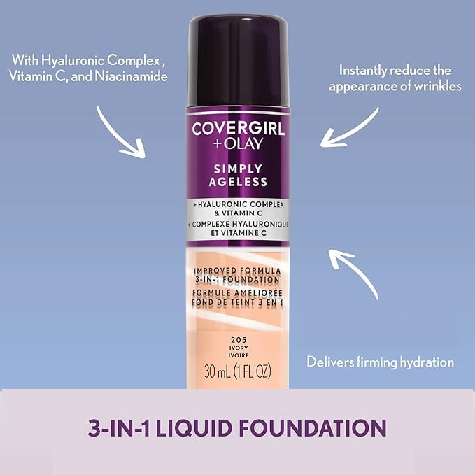 CoverGirl & Olay Simply Ageless 3-in-1 Liquid Foundation, Matte, Hyaluronic, Vitamin C