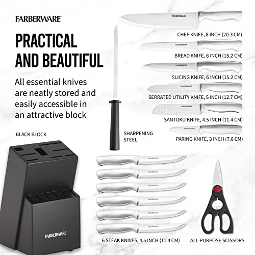 FARBERWARE 15-Piece Kitchen Knife Set with High-Carbon Stainless Steel Blades, Black Handles, Steak Knives, Wood Block, Razor Sharp and Ergonomic
