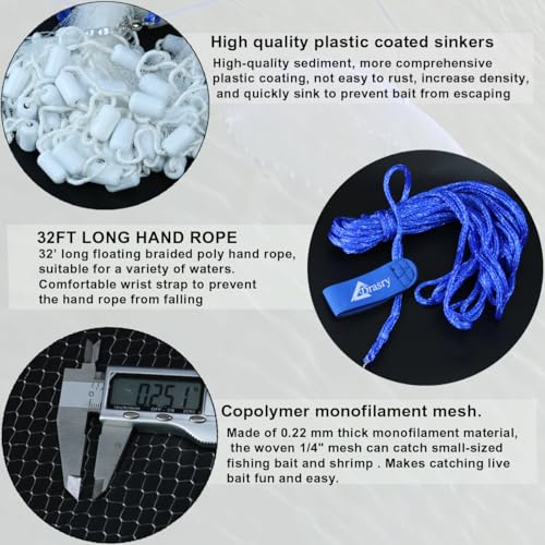 Drasry Saltwater Fishing Cast Net 3/8 and 1/4 Mesh with Heavy Duty Gray Sinker American Monofilament Fish Throw Net for Bait Trap 3FT 4FT 5FT 6FT 7FT 8FT 9FT Radius - size: 9FT Radius, style: 1/4 Mesh 0.88 Lb/Ft