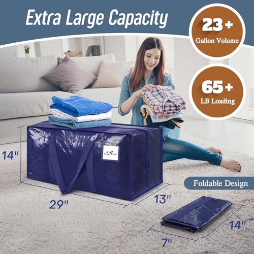 6 Pack Extra Heavy Duty Large Moving Bags with Strong Zipper & Comfortable Handles, Sturdy & Durable Clothes Storage Bags Totes Bins, Blue Packing Moving Boxes for College Supplies, Dark Blue