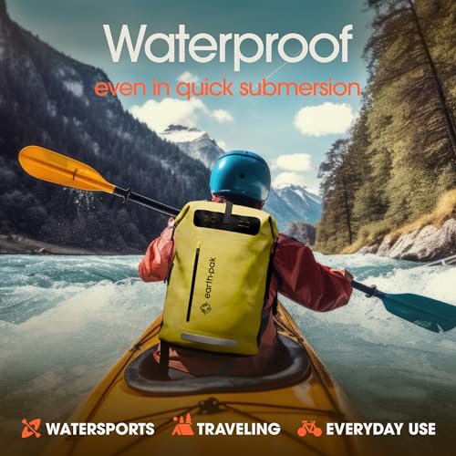 Earth Pak Waterproof Backpack - Heavy Duty Hiking Backpack - Roll-Top Closure Bag - Cushioned Dry Bag Waterproof Phone Case - color: Yellow, size: 55L